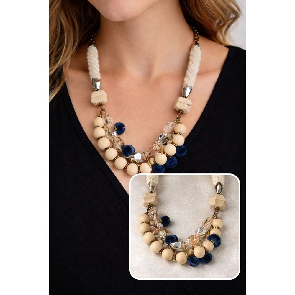 Plunder Boho Statement Necklace Rope Wood Bead Crystal Pom Pom Bib Necklace